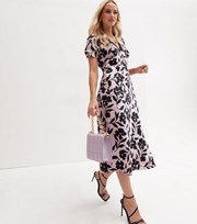 New Look Purple Floral Satin V Neck Short Ruched Sleeve Lace Trim Midi Dress
